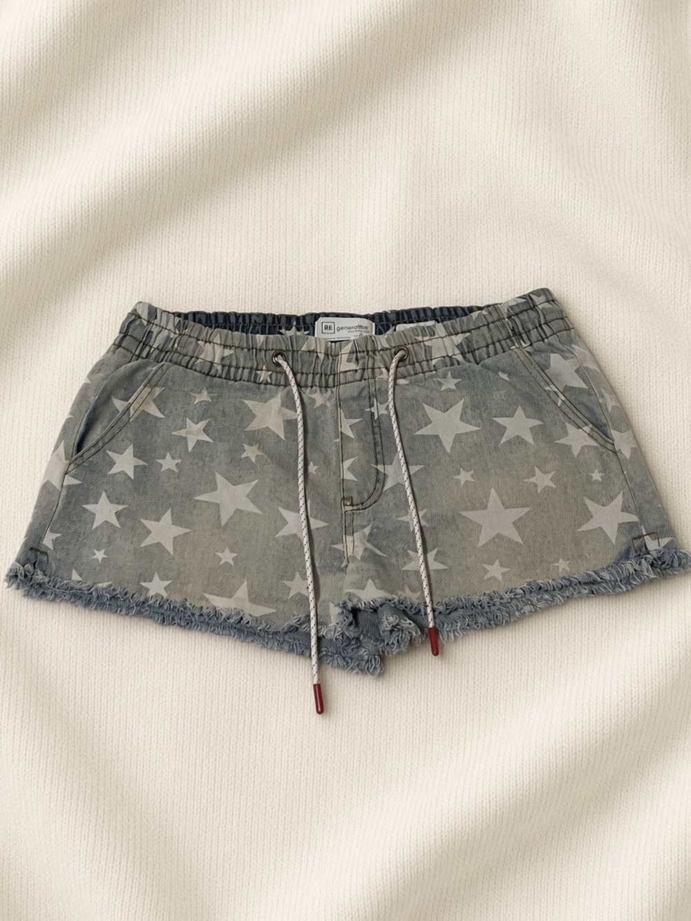 Celebrity Pink Star Print Drawstring Denim Shorts - Gray